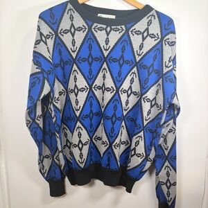 Vintage 90s Repage L Argyle Black/Blue Diamond Pullover Sweater Eclectic Grandpa